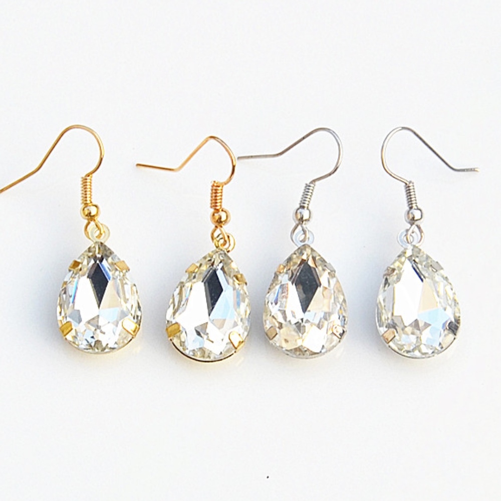 Gold Silver Tear Drop Clear Stones Dropped Earring